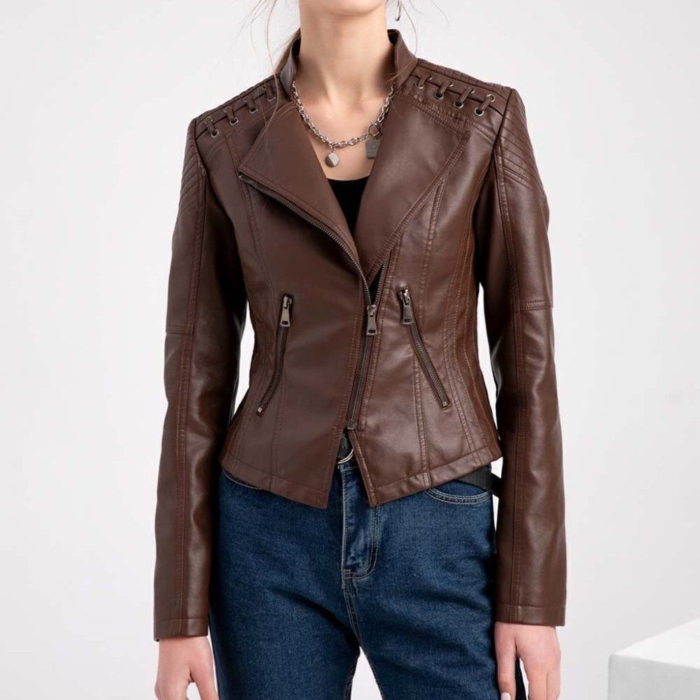 NEW! GYK Stitched-Shoulder Vegan Leather Moto Jacket - size Large in Brown.